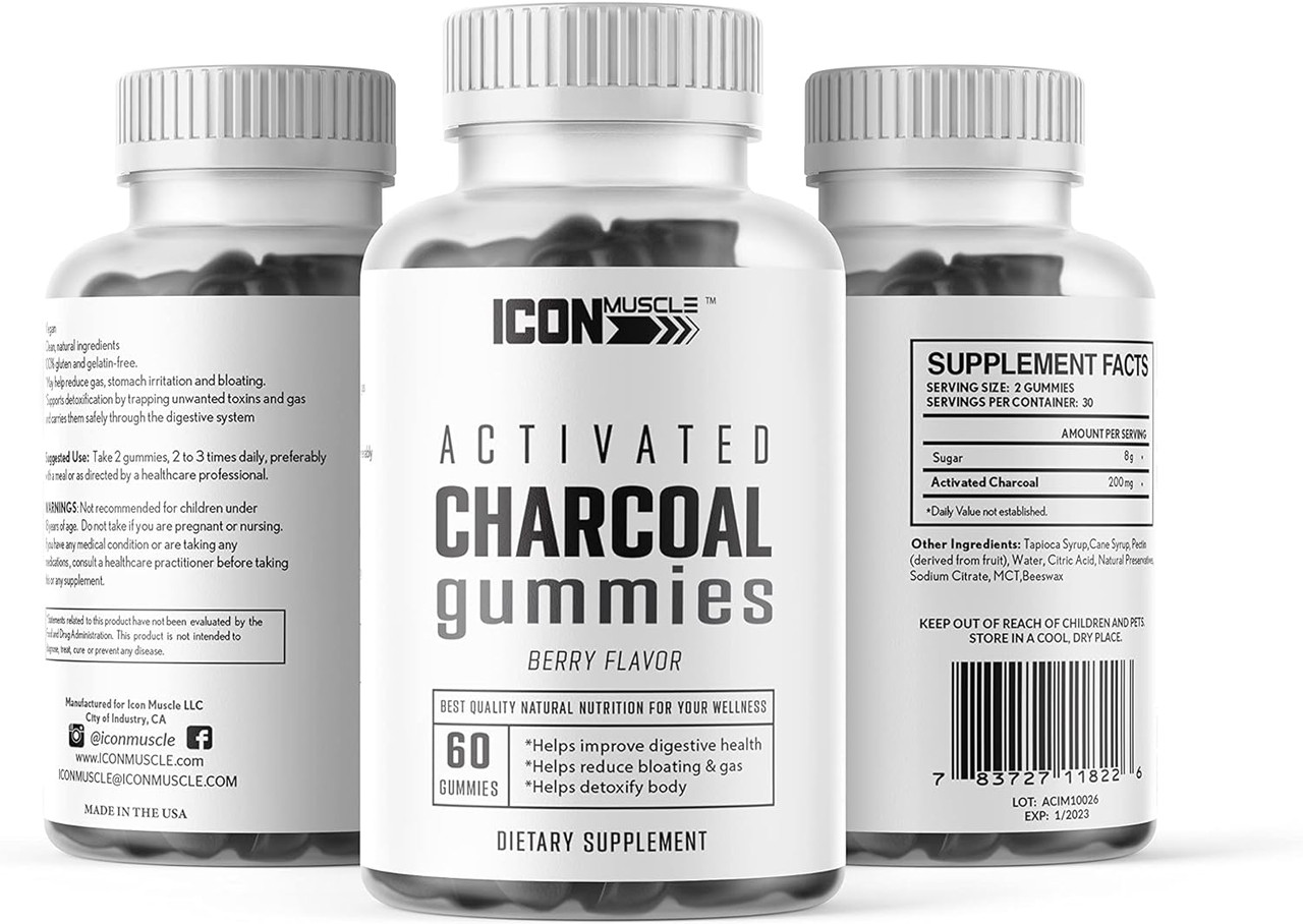 Charcoal Gummies | Activated Charcoal | Natural Detoxification | Alleviates Gas & Bloat | Vegan | 60 Count