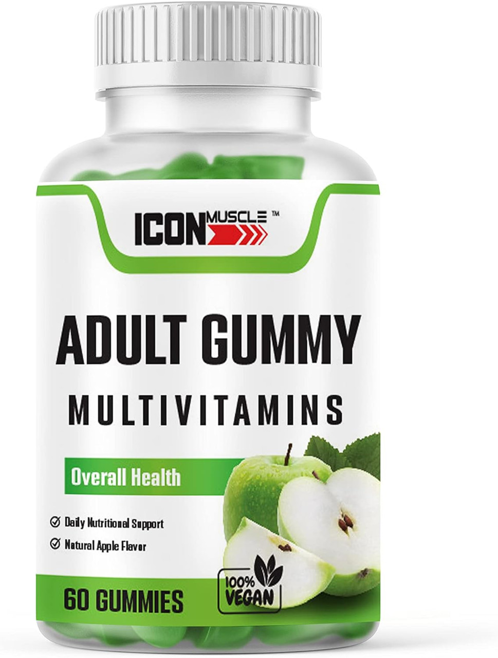 Icon Muscle Adult Multivitamin Gummies Apple, Orange | Women & Men | Vegan Gummy Vitamins for Adults | Vitamin A C D E B 12 & Zinc | Immunity | Gluten Free Gummies (Apple)