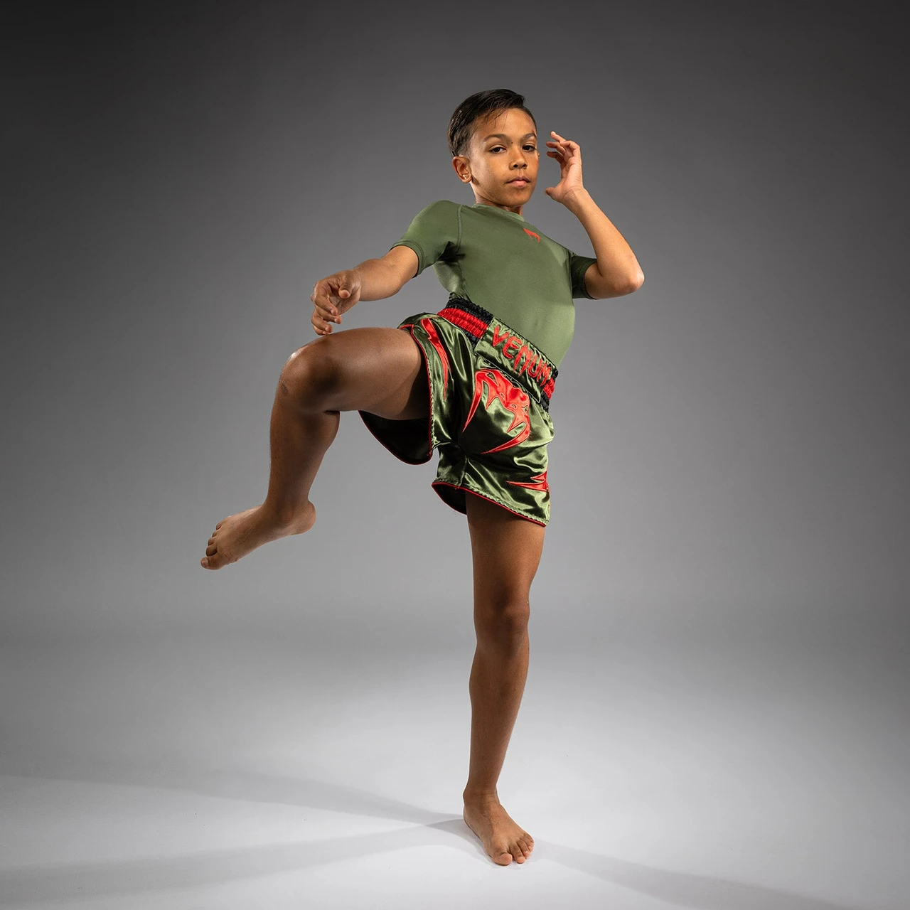 Venum Inferno Kids Muay Thai Shorts - Army Green/Orange