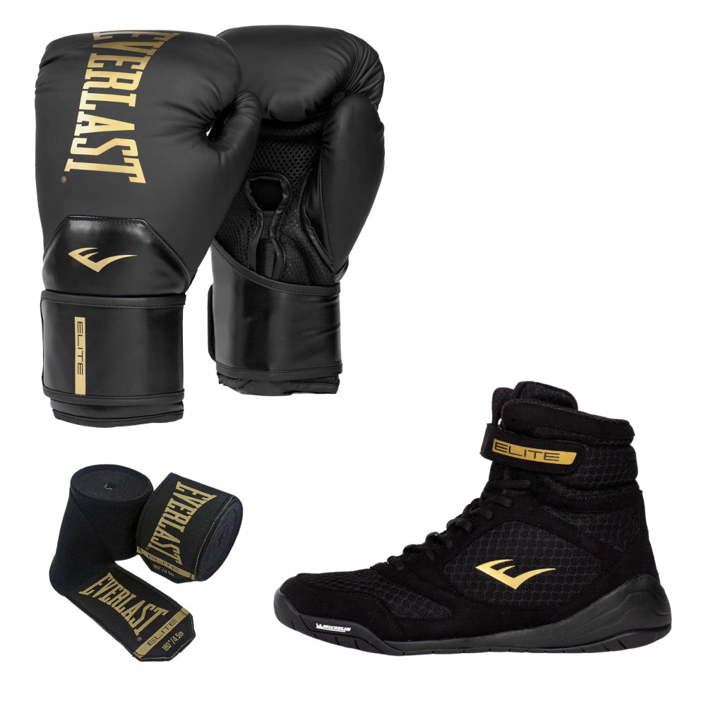 Everlast Black Elite Boxing Shoe, Glove and Hand Wrap Bundle