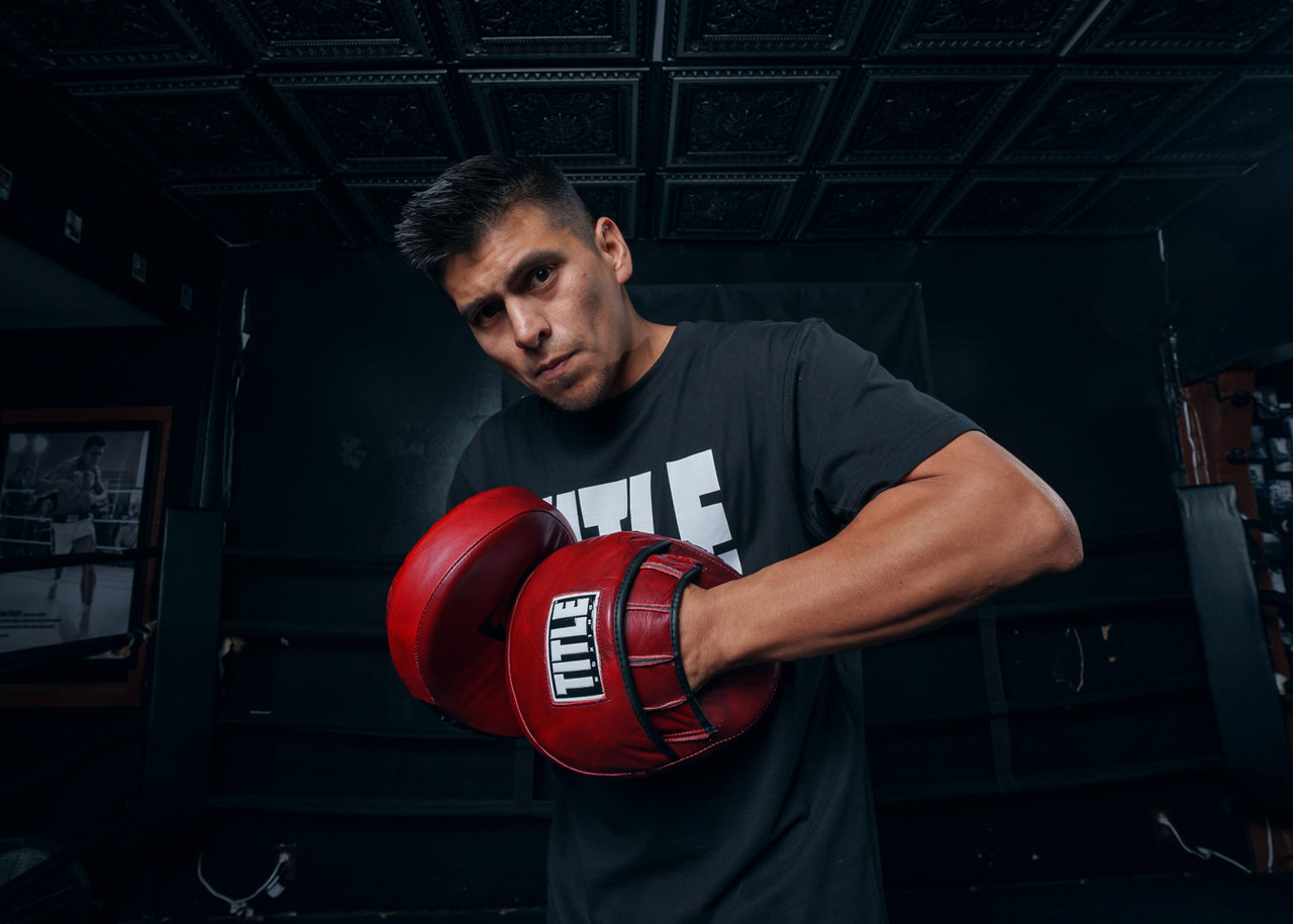 TITLE Boxing Blood Red Leather Punch Mitts