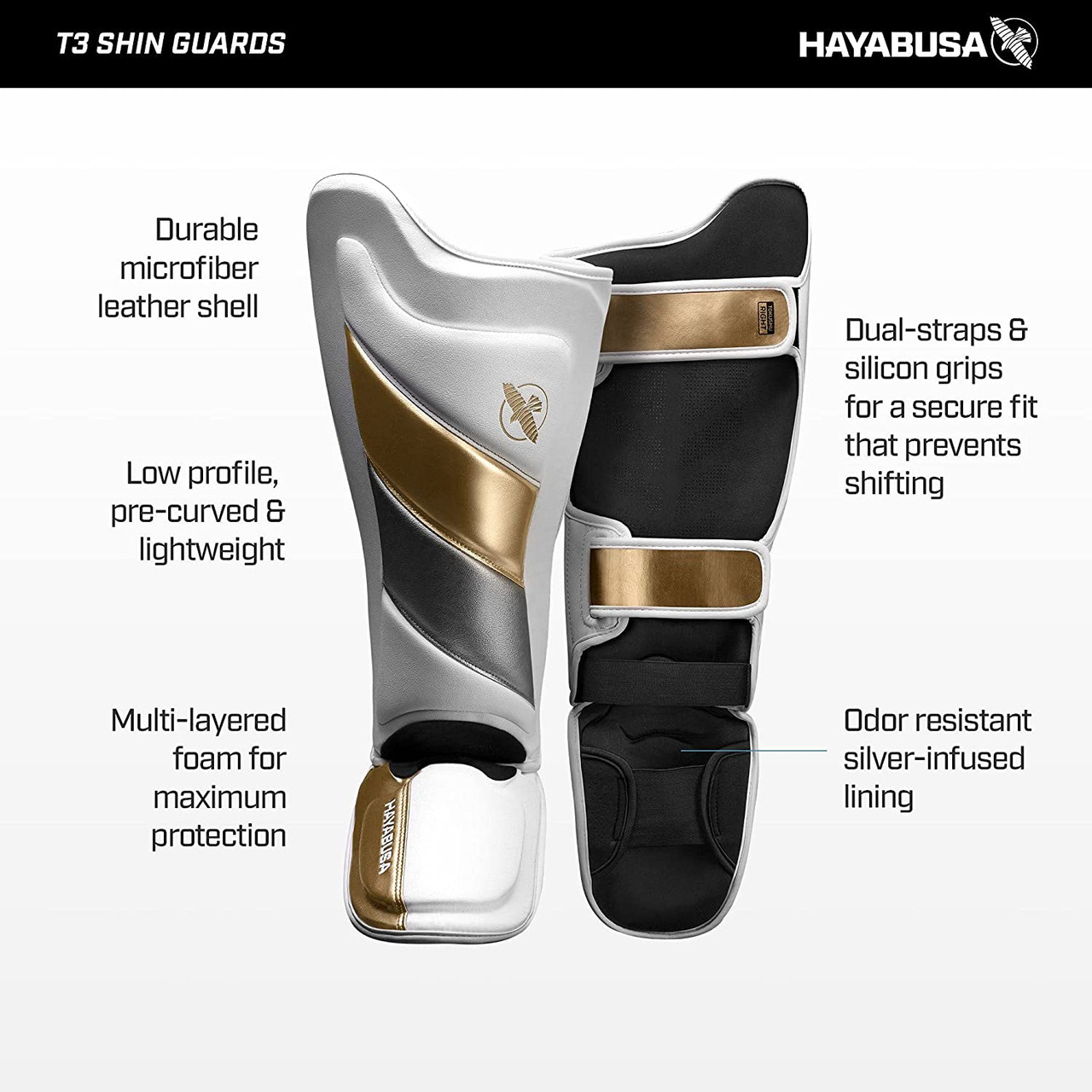 Hayabusa T3 Striking Shin Guards White/Gold | Pro Fight Shop
