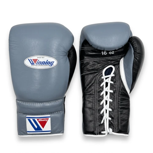 Winning Lace-Up Boxing Gloves - Grey / Black - 16 oz