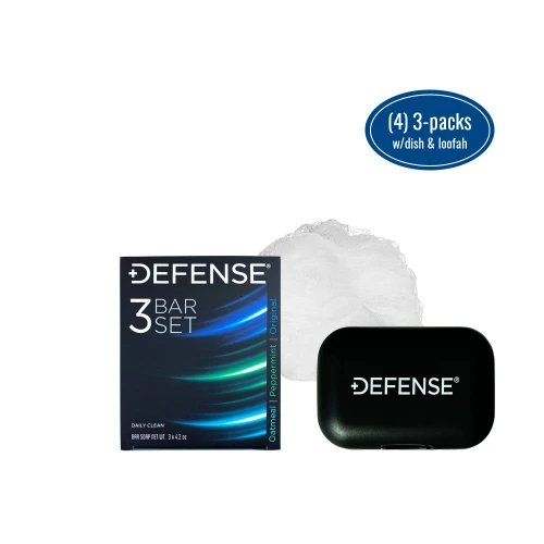 Defense Bar Soap – Variety – Pack of 4 + Dish + Loofah