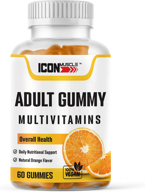 ICON MUSCLE Adult Multivitamin Gummies Orange Flavor | Women & Men | Vegan Gummy Vitamins for Adults | Vitamin A C D E B 12 & Zinc | Immunity | Gluten Free