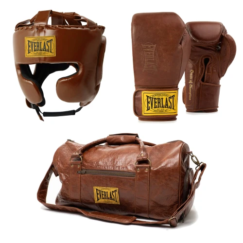 Everlast 1910 Pro Duffel Bag, Gloves & Headgear Bundle Brown