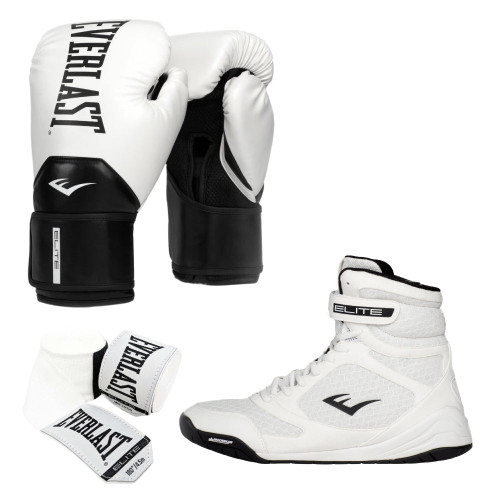 Everlast White Elite Boxing Shoe, Glove and Hand Wrap Bundle