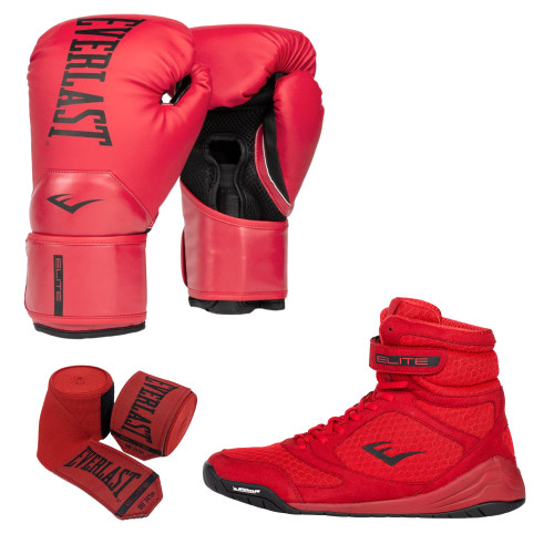 Everlast Red Elite Boxing Shoe, Glove and Hand Wrap Bundle