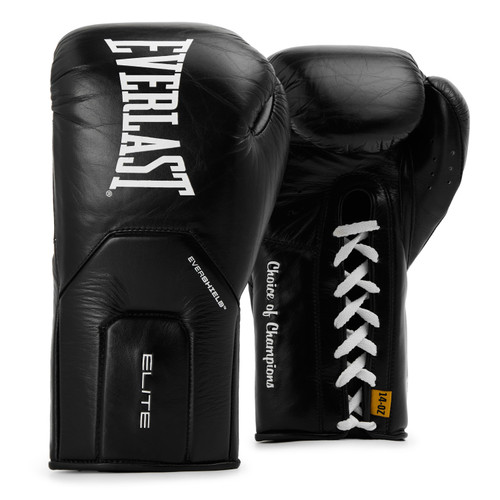 Everlast Elite Pro Leather Lace Up Training Boxing Gloves - Black