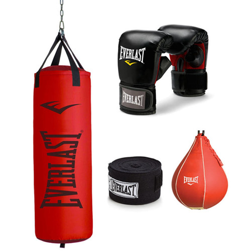 Everlast 70lb Red Heavy Punching Bag, Speed Bag, Glove and Wrap Bundle