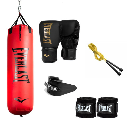 Everlast 100lb Elite Heavy Punching Bag, Glove, Rope, Wrap and Mouthguard Bundle