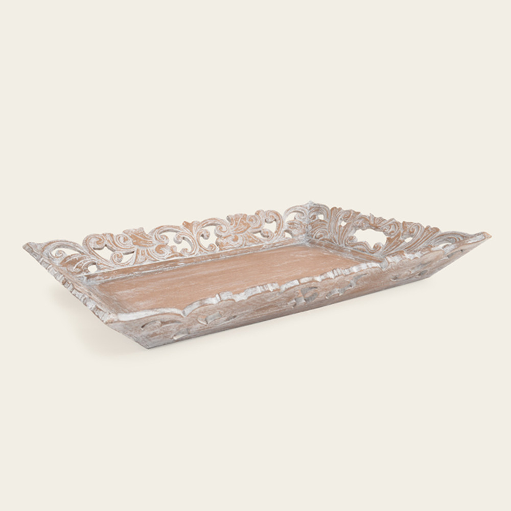 16-037 Natural Whitewashed Carved Wood Tray