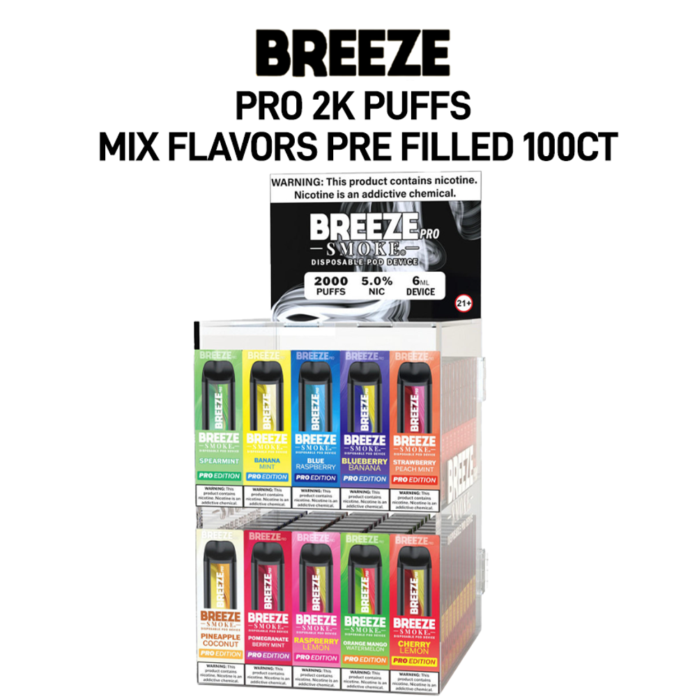 BREEZE PRO 2000 PUFFS MIX FLAVORS COUNTER DISPLAY #3 - 100CT PRE-FILLED