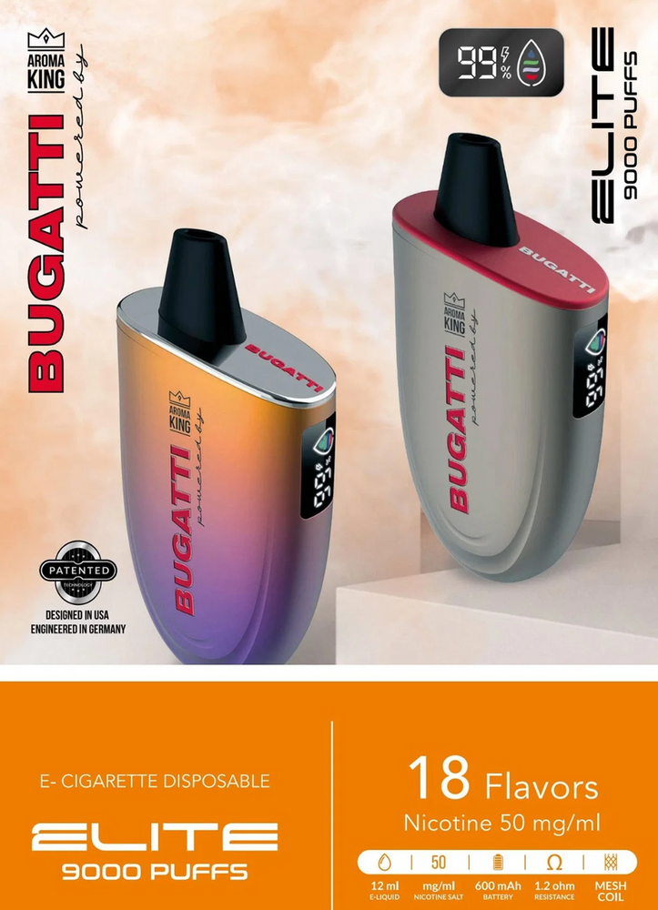 BUGATTI ELITE BY AROMA KING 15ML 9000 PUFFS 5% NIC RECHARGEABLE DISPOSABLE VAPE - DISPLAY OF 10