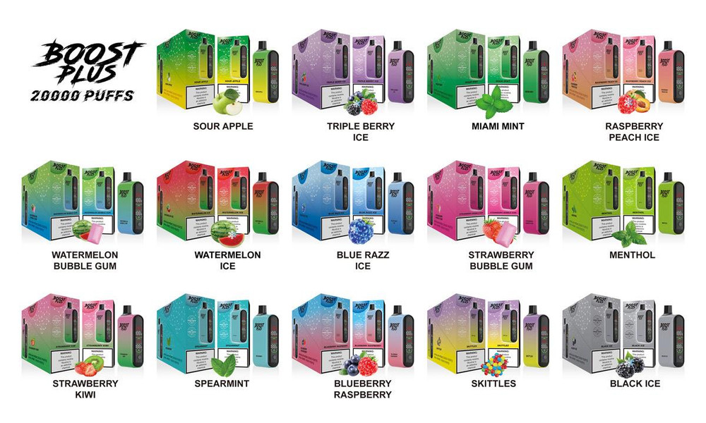 BOOST PLUS 5% NICOTINE 20,000 PUFFS DISPOSABLE VAPE 25ML - DISPLAY OF 5