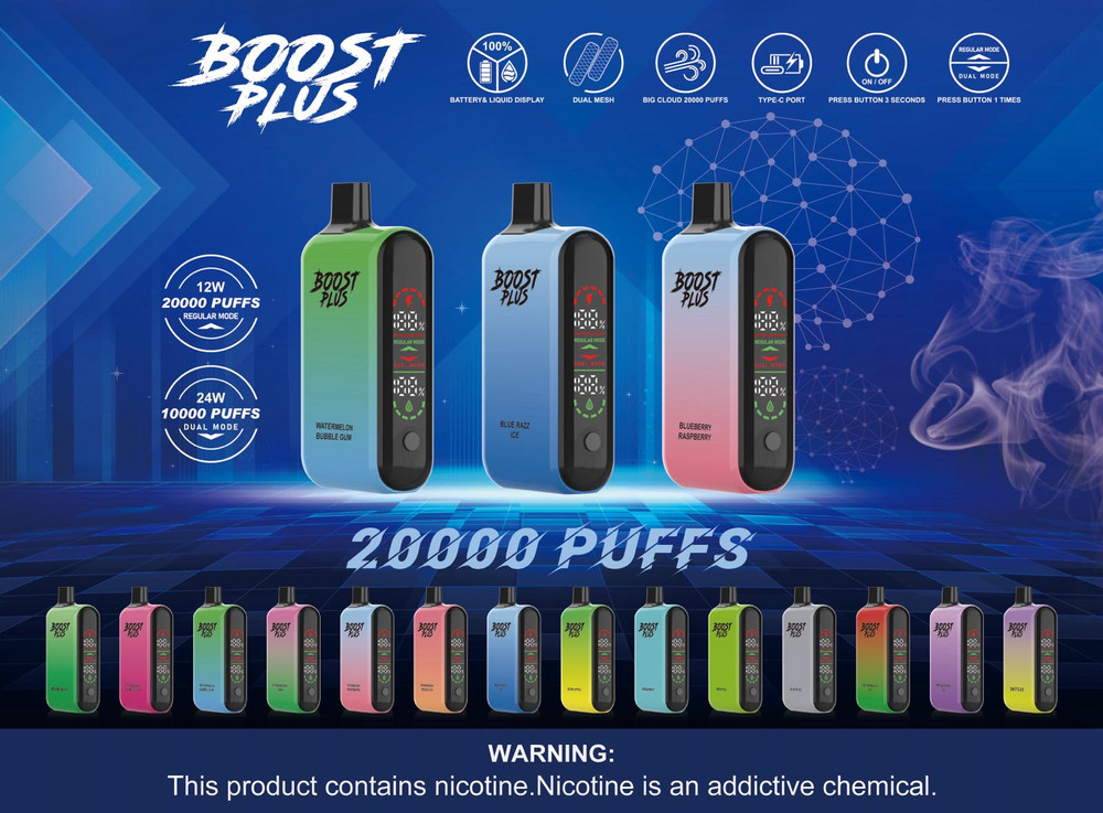 BOOST PLUS 5% NICOTINE 20,000 PUFFS DISPOSABLE VAPE 25ML - 5CT