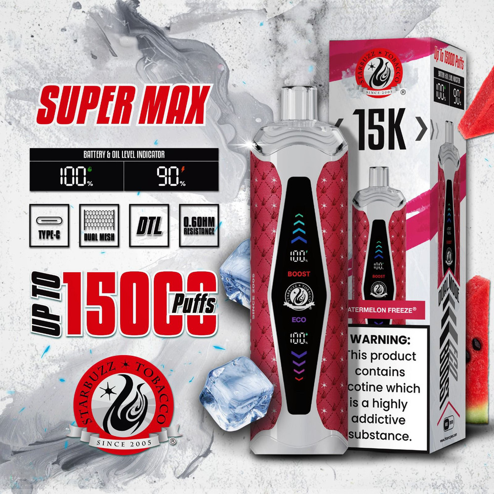 STARBUZZ SUPER MAX 20ML 15,000 PUFFS DISPOSABLE VAPE - DISPLAY OF 5