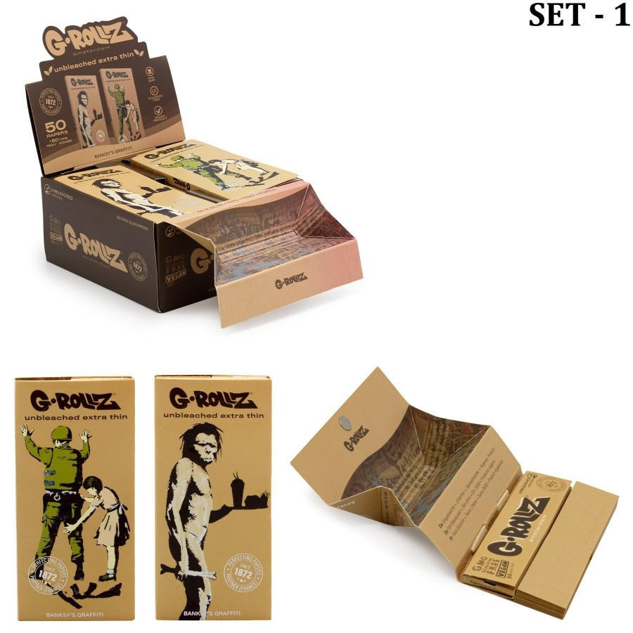 G-ROLLZ - BANKSY'S GRAFFITI KING SIZE UNBLEACHED EXTRA THIN - 50 KING PAPERS + TIPS & TRAY