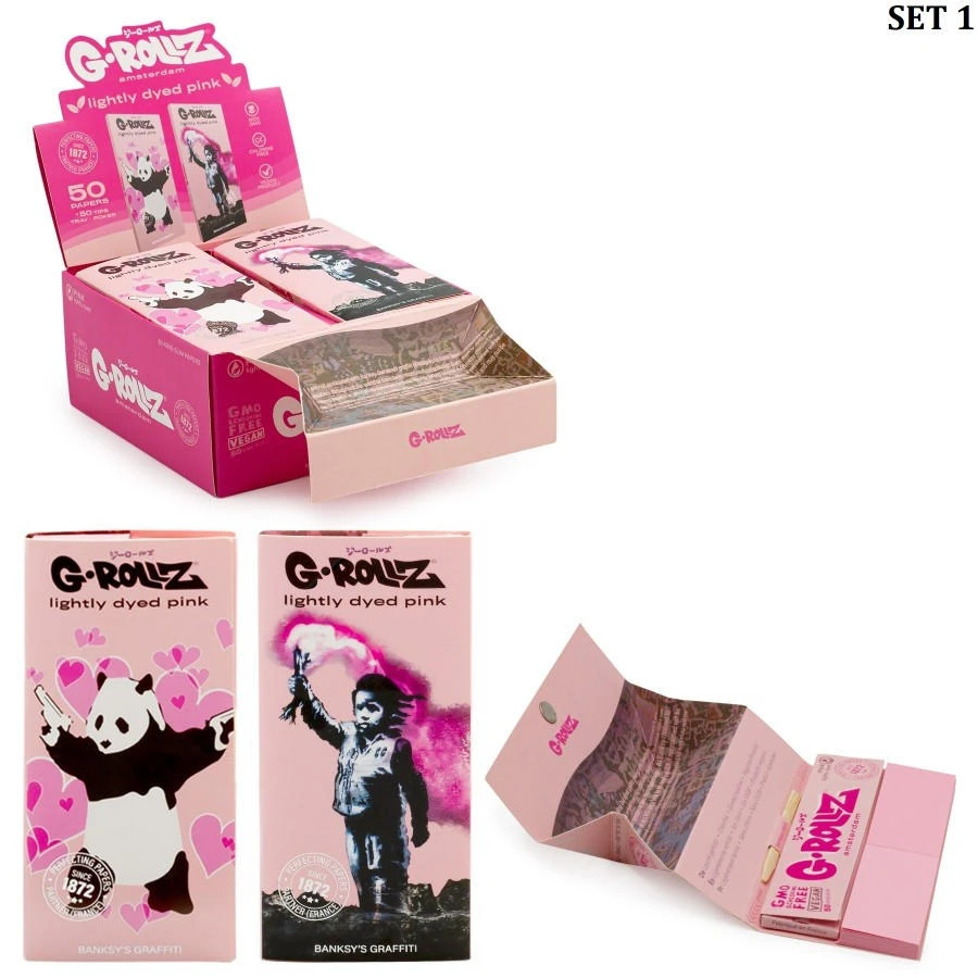 G-ROLLZ | BANKSY'S GRAFFITI KING SIZE - LIGHTLY DYED PINK - 50 KING SIZE PAPERS + TIPS & TRAY - 16CT DISPLAY