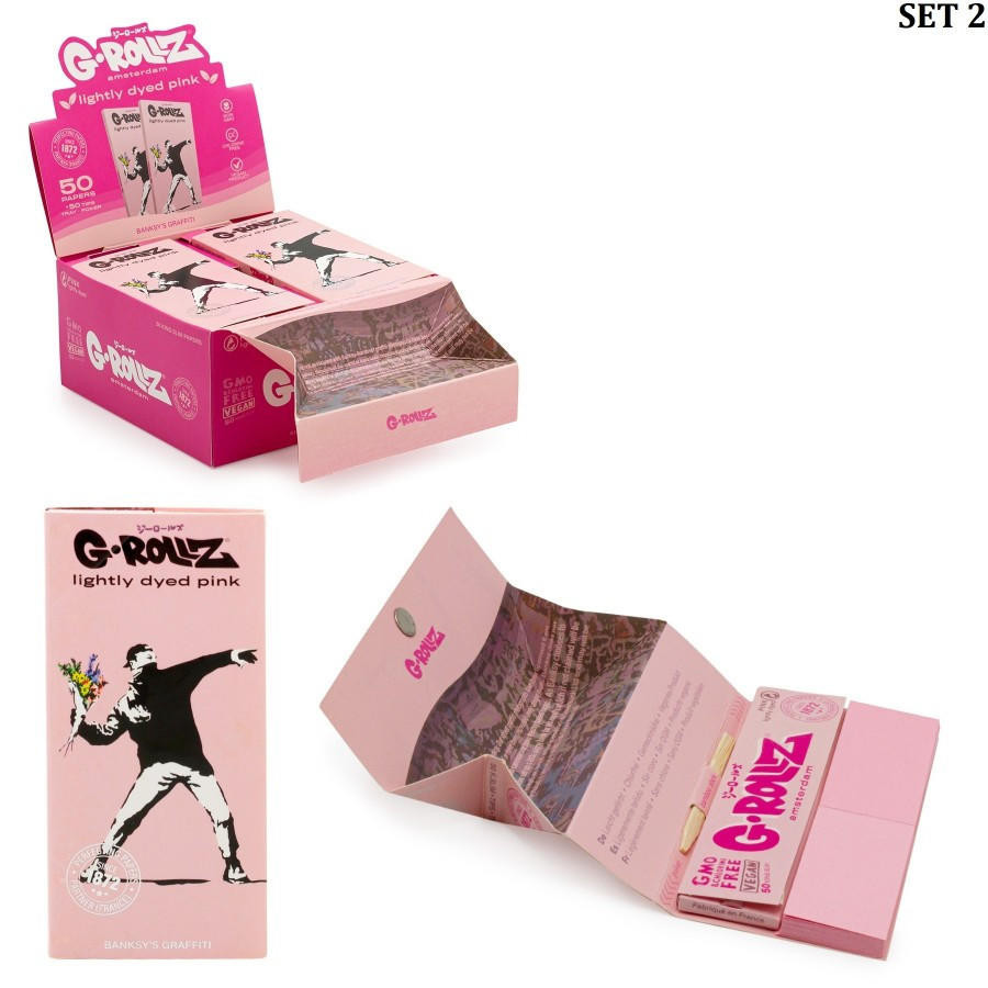 G-ROLLZ | BANKSY'S GRAFFITI KING SIZE - LIGHTLY DYED PINK - 50 KING SIZE PAPERS + TIPS & TRAY - 16CT DISPLAY