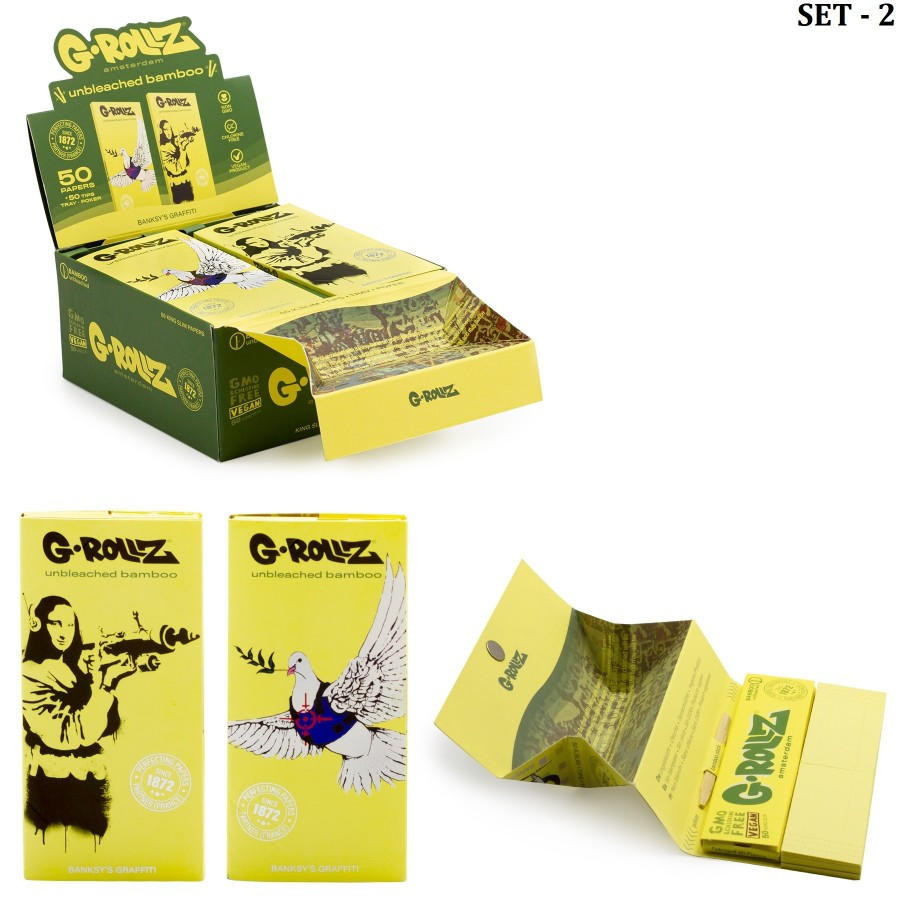 G-ROLLZ | BANKSY'S GRAFFITI KING SIZE - BAMBOO UNBLEACHED 50 PAPERS + TIPS & TRAY - 16CT DISPLAY