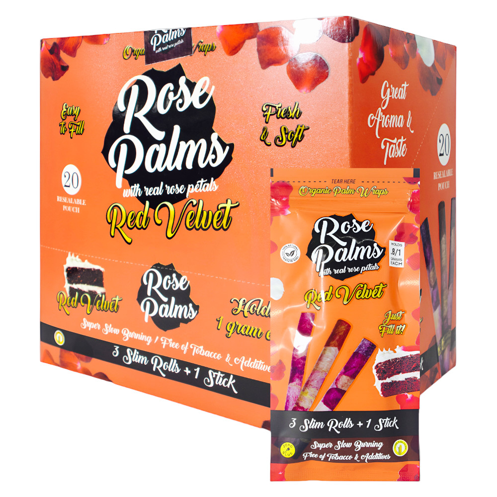 ROSE PALMS ORGANIC WRAPS W/ ROSE PETALS - 3 SLIM ROLLS + 1 STICK - 20CT DISPLAY