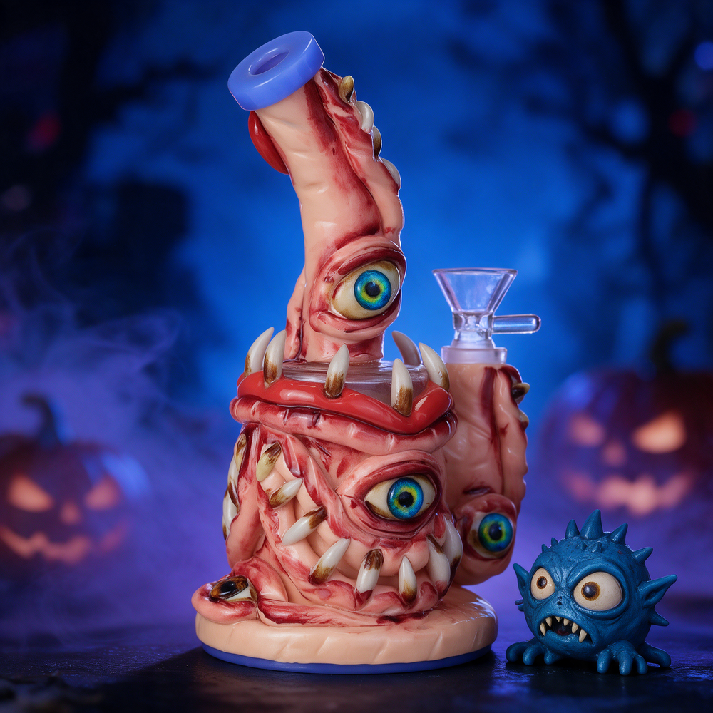 GLOW IN THE DARK MULTI EYES MONSTER HEAVY WATERPIPE 8"