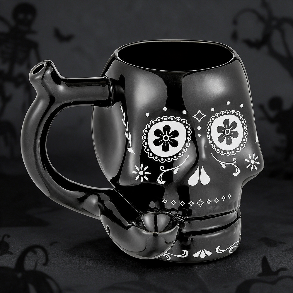 BLACK WITH WHITE TRIM SKULL MUG CERAMIC HANDPIPE - 1CT