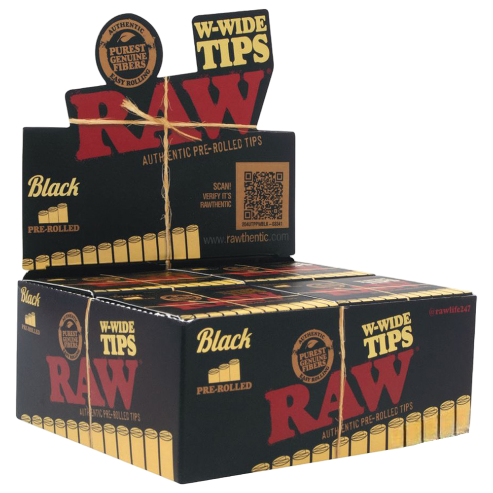 RAW BLACK 18-PK WIDE PREROLLED TIPS - 20CT DISPLAY