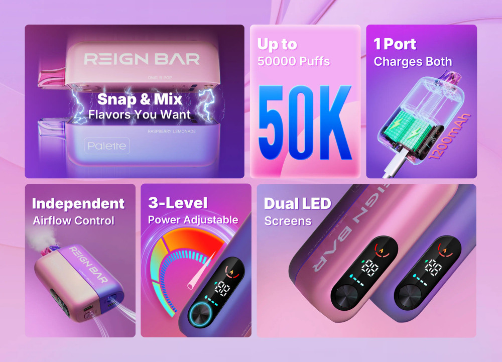 REIGN BAR PALETTE 50,000 PUFFS DISPOSABLE VAPE (FULL KIT) - DISPLAY OF 5