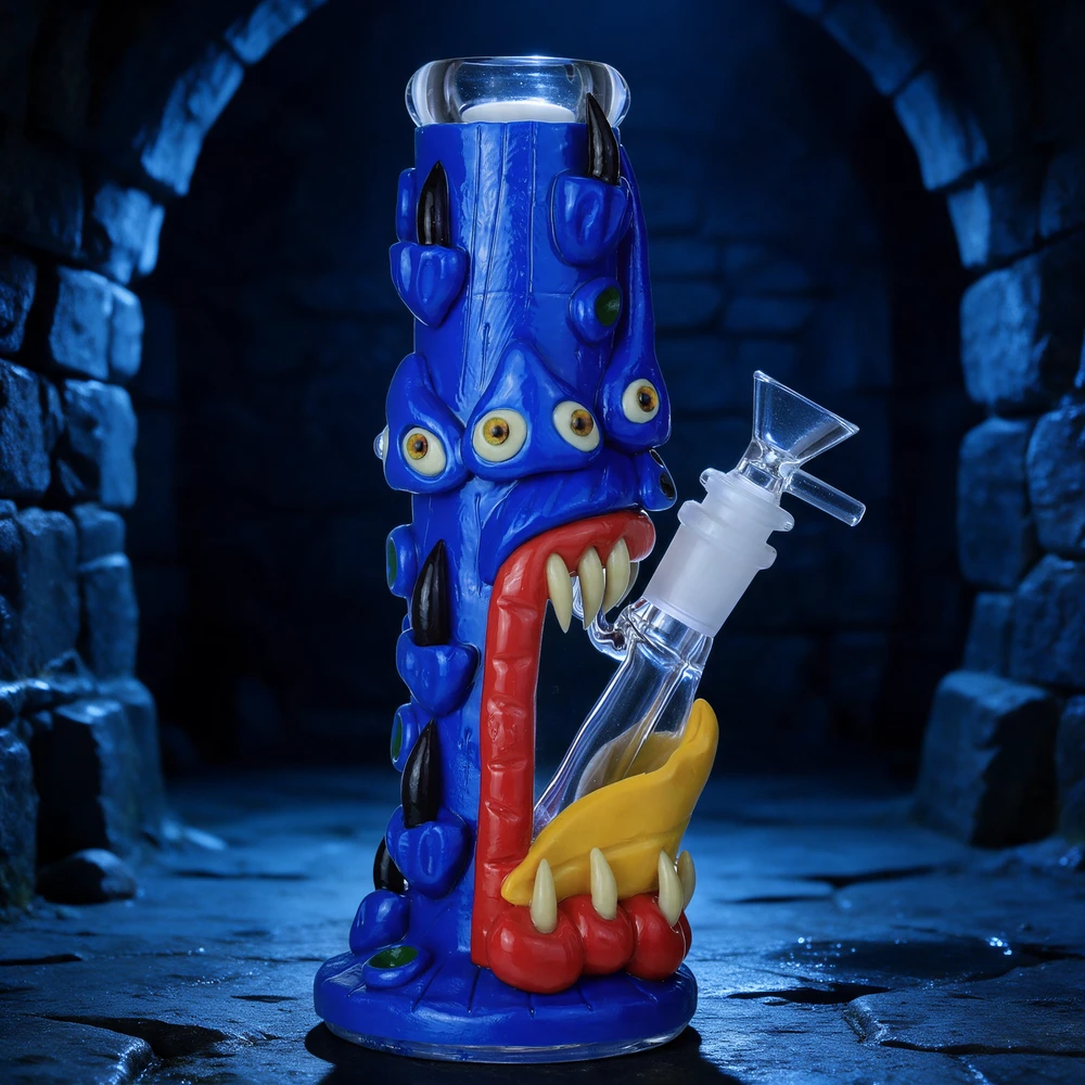 HEAVY ART GLOW IN THE DARK MONSTER STRAIGHT GLASS WATERPIPE 9"