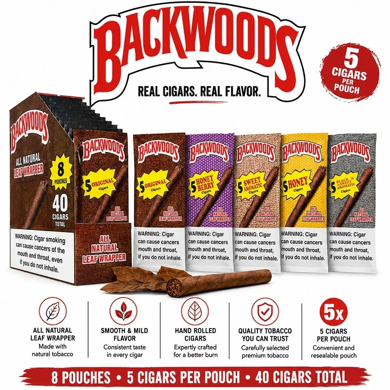 BACKWOODS NATURAL LEAF CIGARS 5-PACK - DISPLAY OF 8