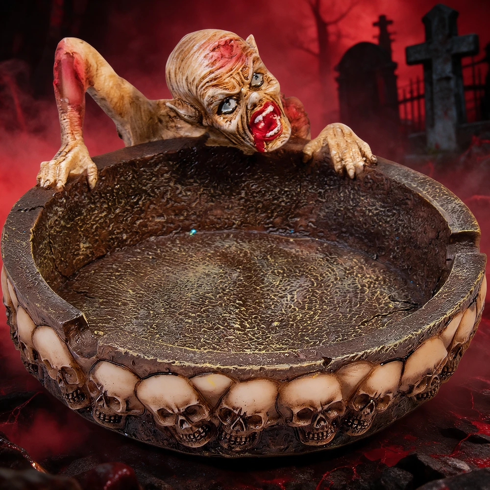 ZOMBIE & SKULLS POLYSTONE ASHTRAY - 1CT