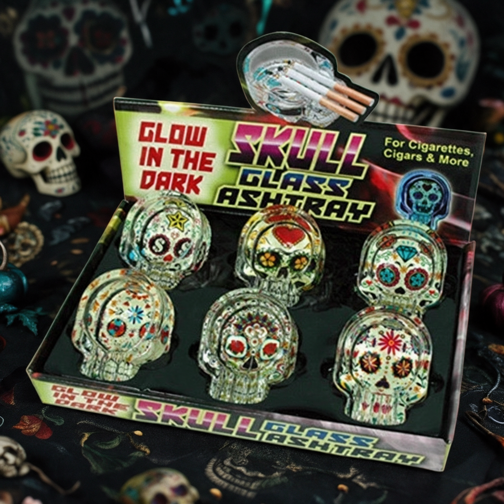 GLOW ING THE DARK SKULL DESIGN GLASS ASHTRAY - DISPLAY OF 6