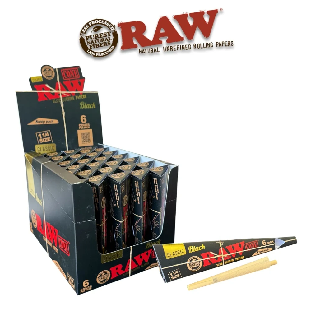 RAW BLACK CLASSIC SCOOP PACK SLOW BURNING CONES 1 1/4 SIZE 6-PACK - DISPLAY OF 30