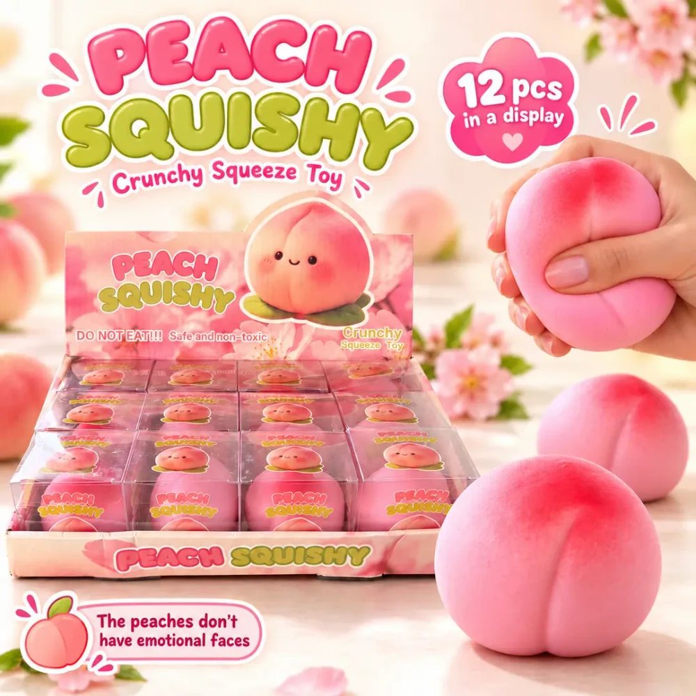 PEACH SQUEEZE SQUISH TOY - DISPLAY OF 12