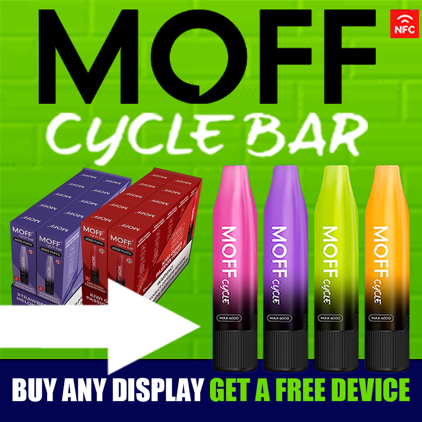 MOFF CYCLE BAR 5% NIC RECHARGEABLE DISPOSABLE 12ML 6000 PUFFS - 10CT DISPLAY (PLUS FREE DISPOSABLE)