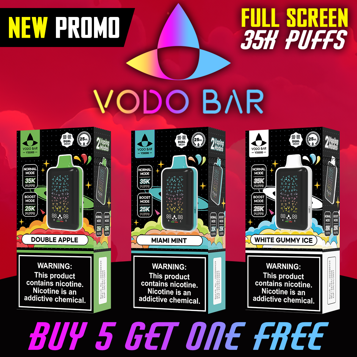 VODO BAR 35,000 PUFFS DISPOSABLE VAPE - DISPLAY OF 5