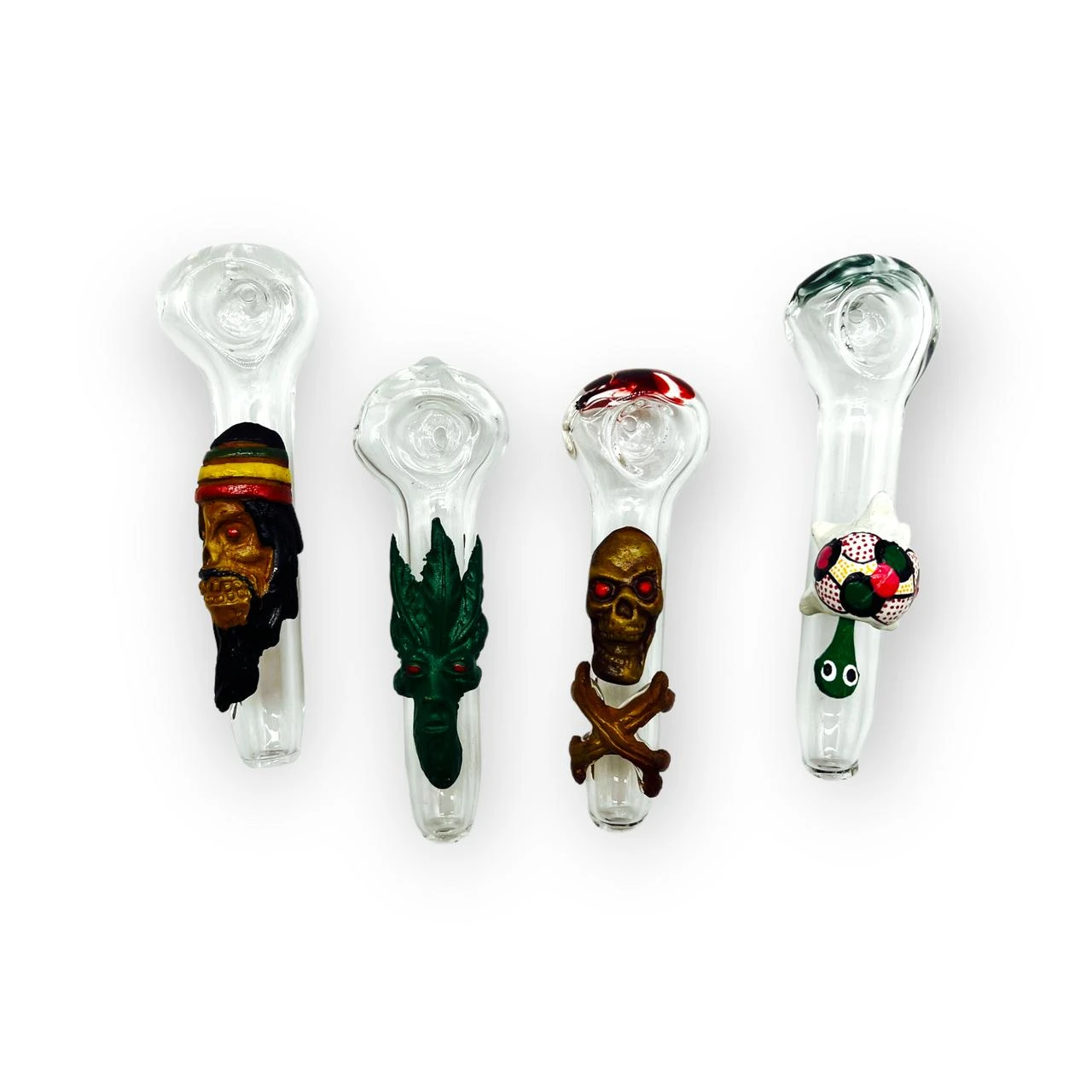 CLEAR GLASS ASSORTED DESIGN 4 HANDPIPE - 4CT BAG HP100484