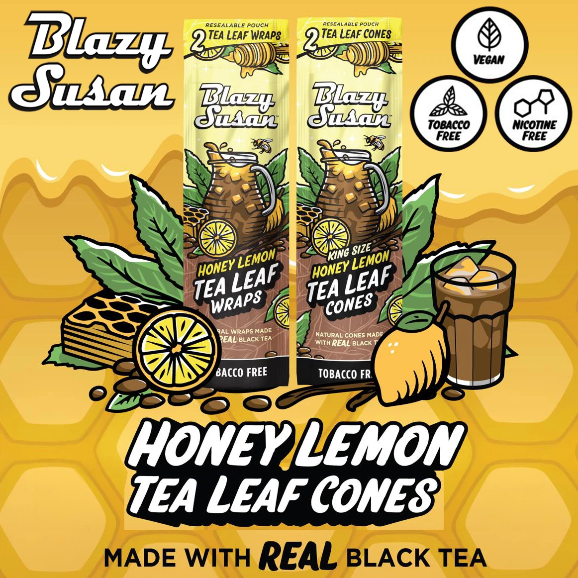BLAZY SUSAN KING SIZE REAL HONEY LEMON TEA CONES 2-PACK - DISPLAY OF 10