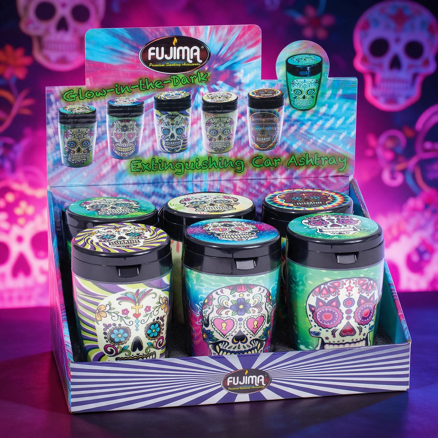 FUJIMA GLOW IN DARK EXTINGUISHING CAR ASHTRAY WITH SKULL - 6CT