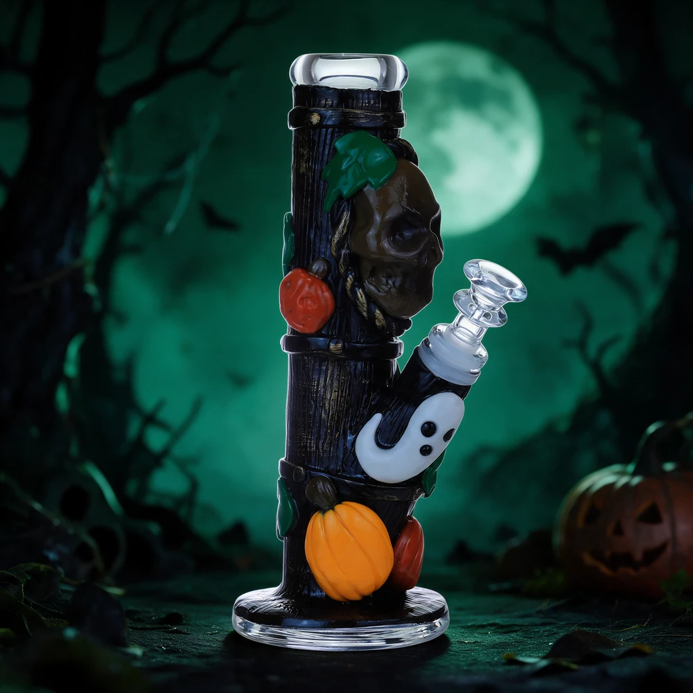 SKULL WITH GHOST AND PUMPKINS HEAVY STRAIGHT WATERPIPE 9"