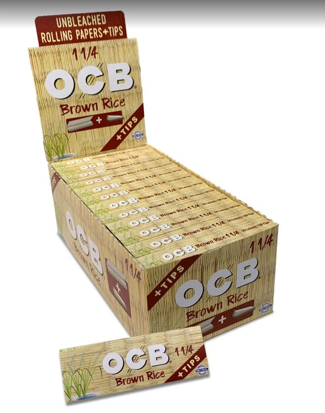 OCB BROWN RICE 1 1/4 ROLLING PAPERS TIPS - 24CT DISPLAY