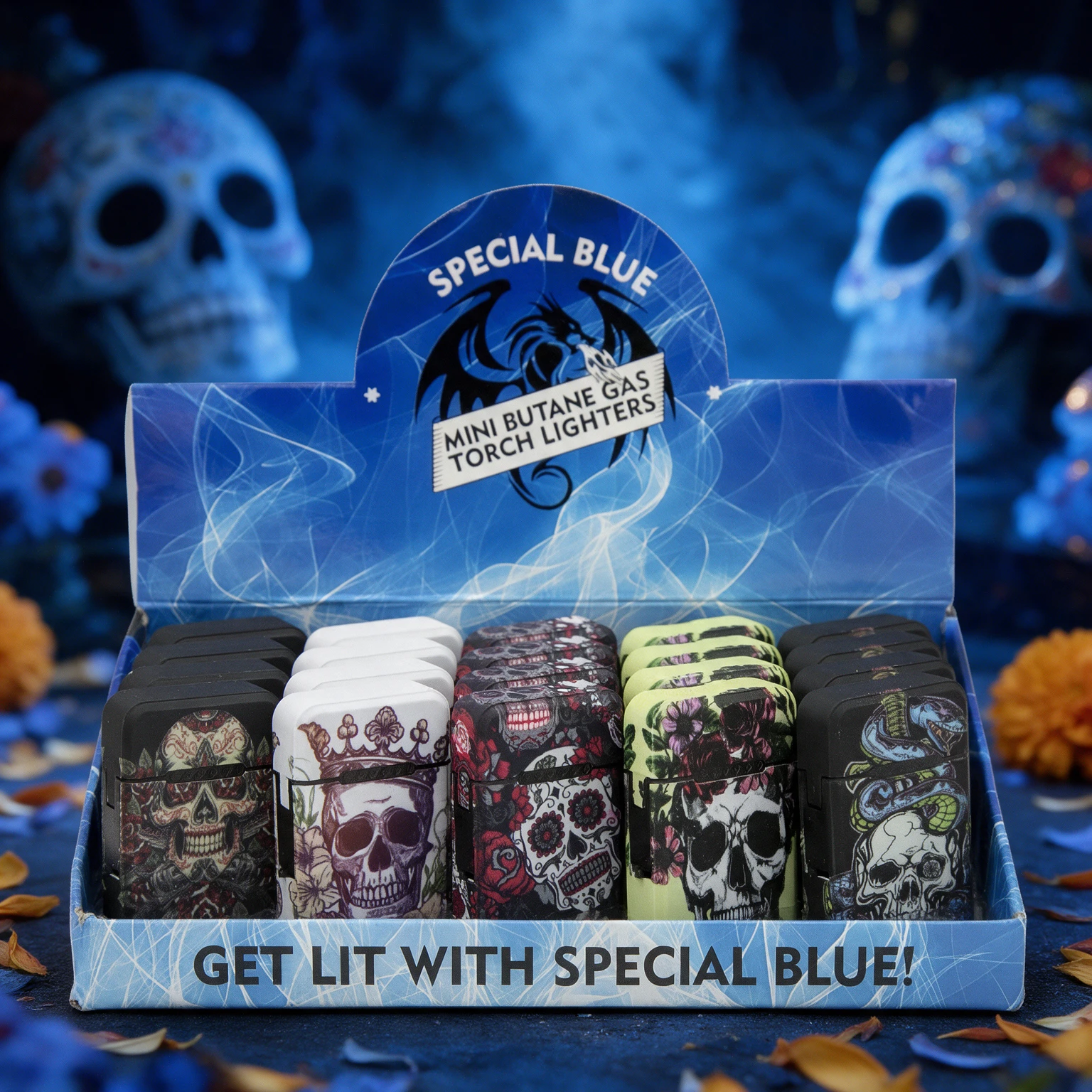 SKULLS & ROSES - SPECIAL BLUE LIGHTERS - 20CT DISPLAY