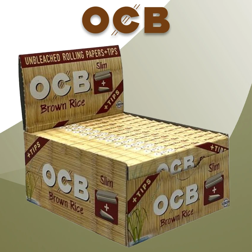 OCB BROWN RICE SLIM ROLLING PAPERS TIPS - 24CT DISPLAY