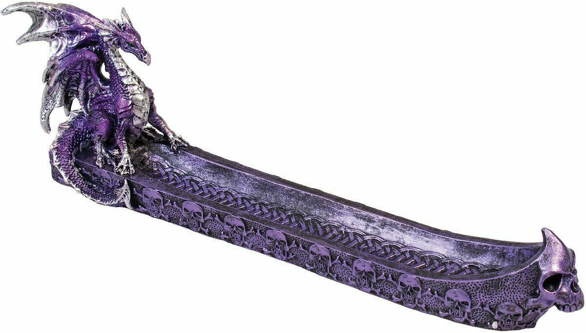 PURPLE DRAGON WITH SKULLS CRYSTAL POLYSTONE INCENSE BURNER - 1CT