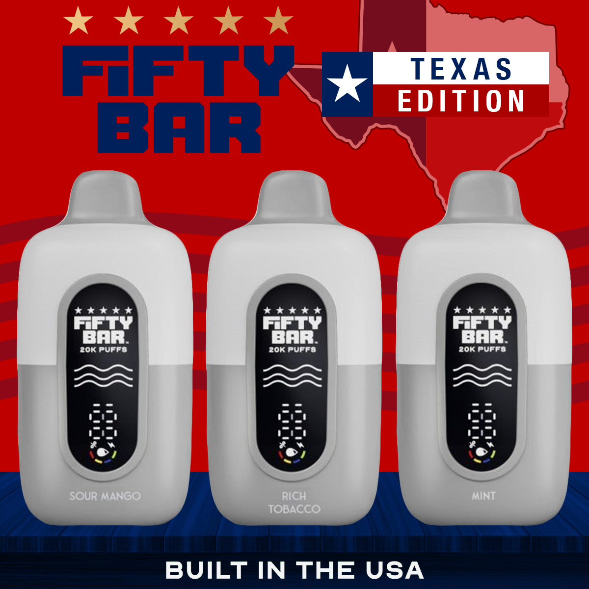 FIFTY BAR TEXAS EDITION 20,000 PUFFS DISPOSABLE VAPE - DISPLAY OF 5