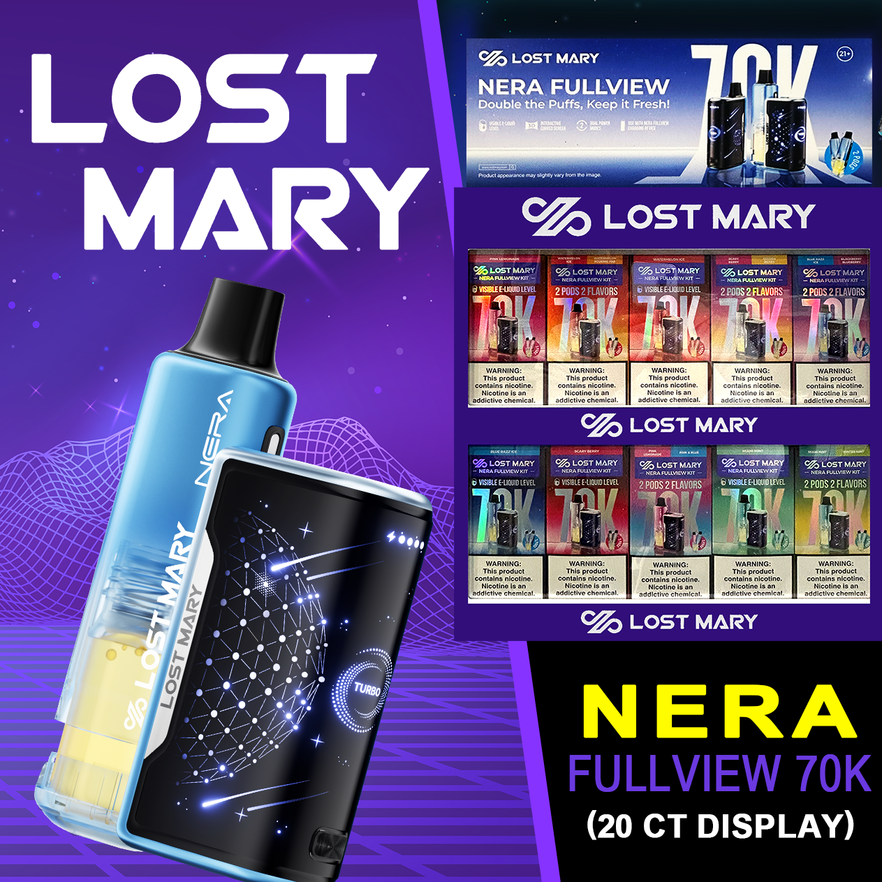 LOST MARY NERA FULLVIEW 70,000 PUFFS DISPOSABLE VAPE (FULL KIT) - COUNTER DISPLAY OF 20