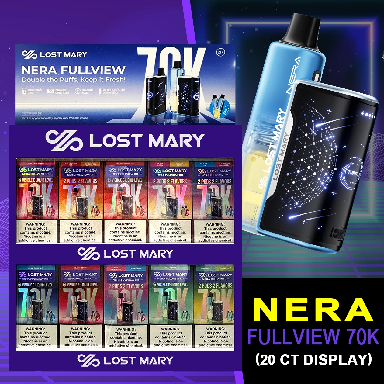 LOST MARY NERA FULLVIEW 70,000 PUFFS DISPOSABLE VAPE (FULL KIT) - COUNTER DISPLAY OF 20