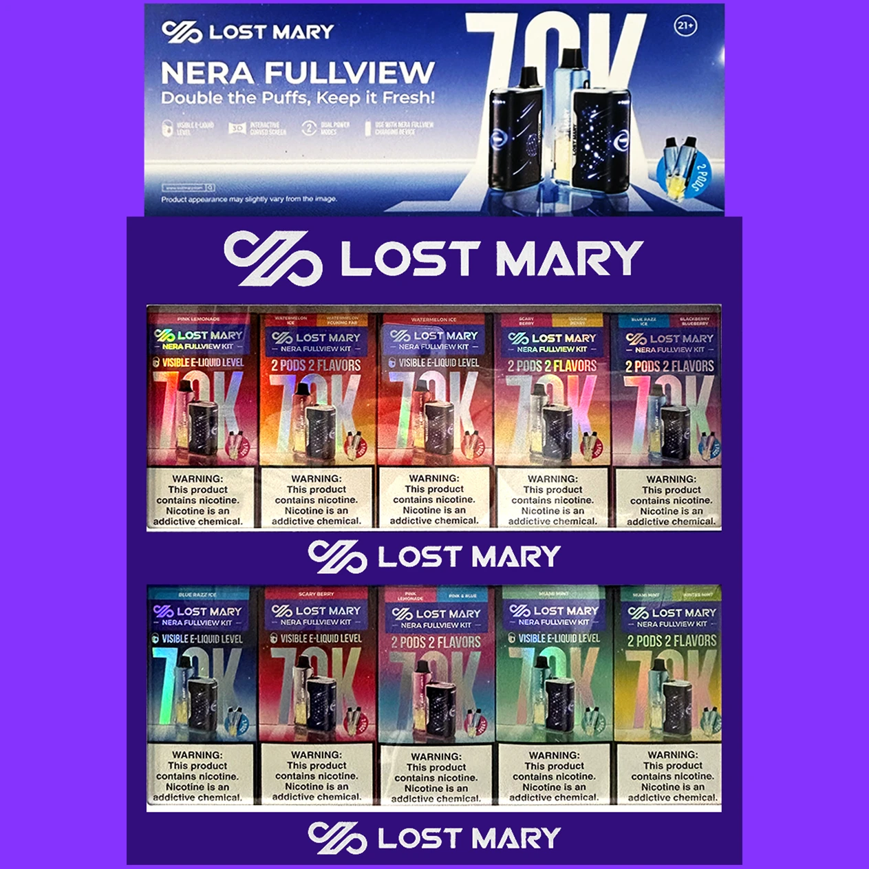 LOST MARY NERA FULLVIEW 70,000 PUFFS DISPOSABLE VAPE (FULL KIT) - COUNTER DISPLAY OF 20